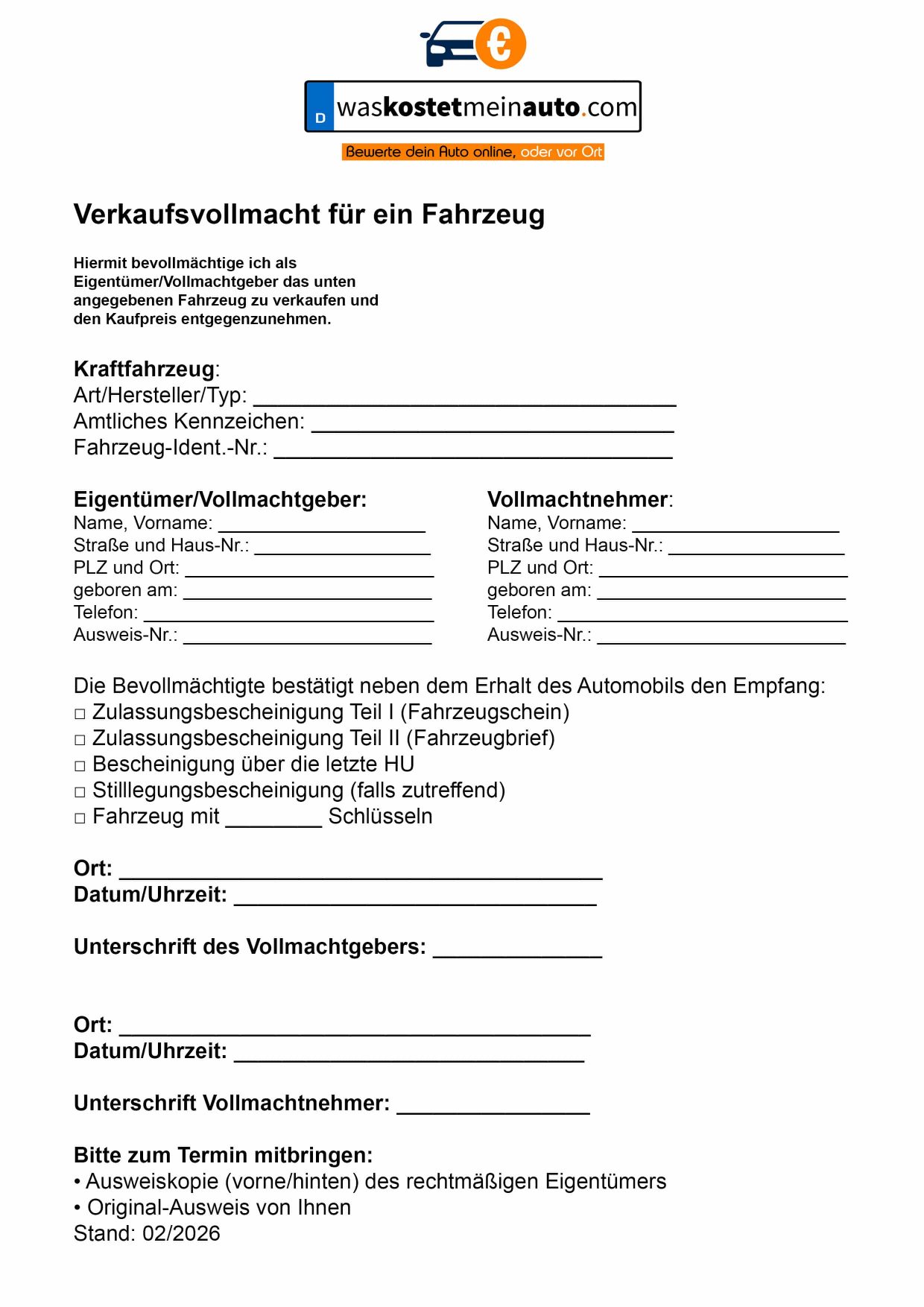 Verkaufsvollmacht Kraftfahrzeug